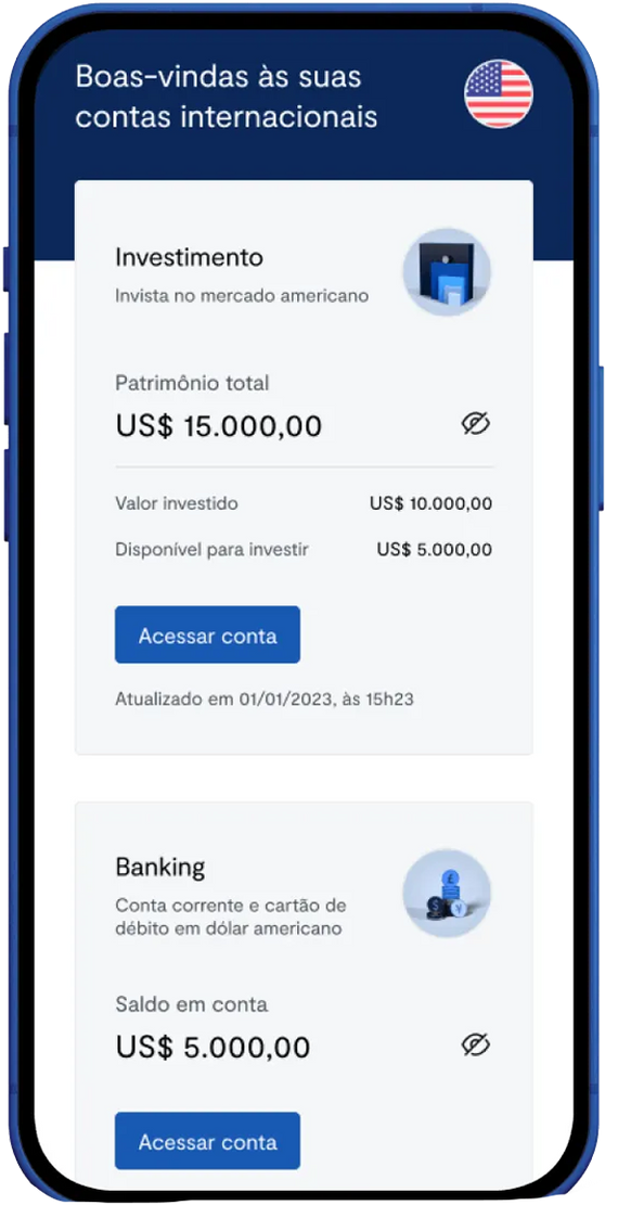 Tela do app com as contas internacionais: investimento e banking em dólar
