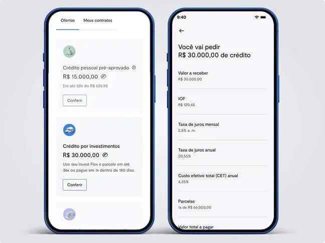 Dois smartphones exibindo o aplicativo de crédito pré-aprovado