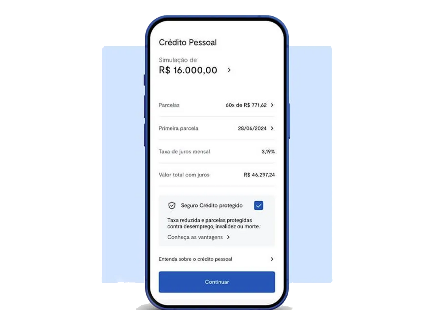 Tela do celular com a simulação de crédito pessoal
