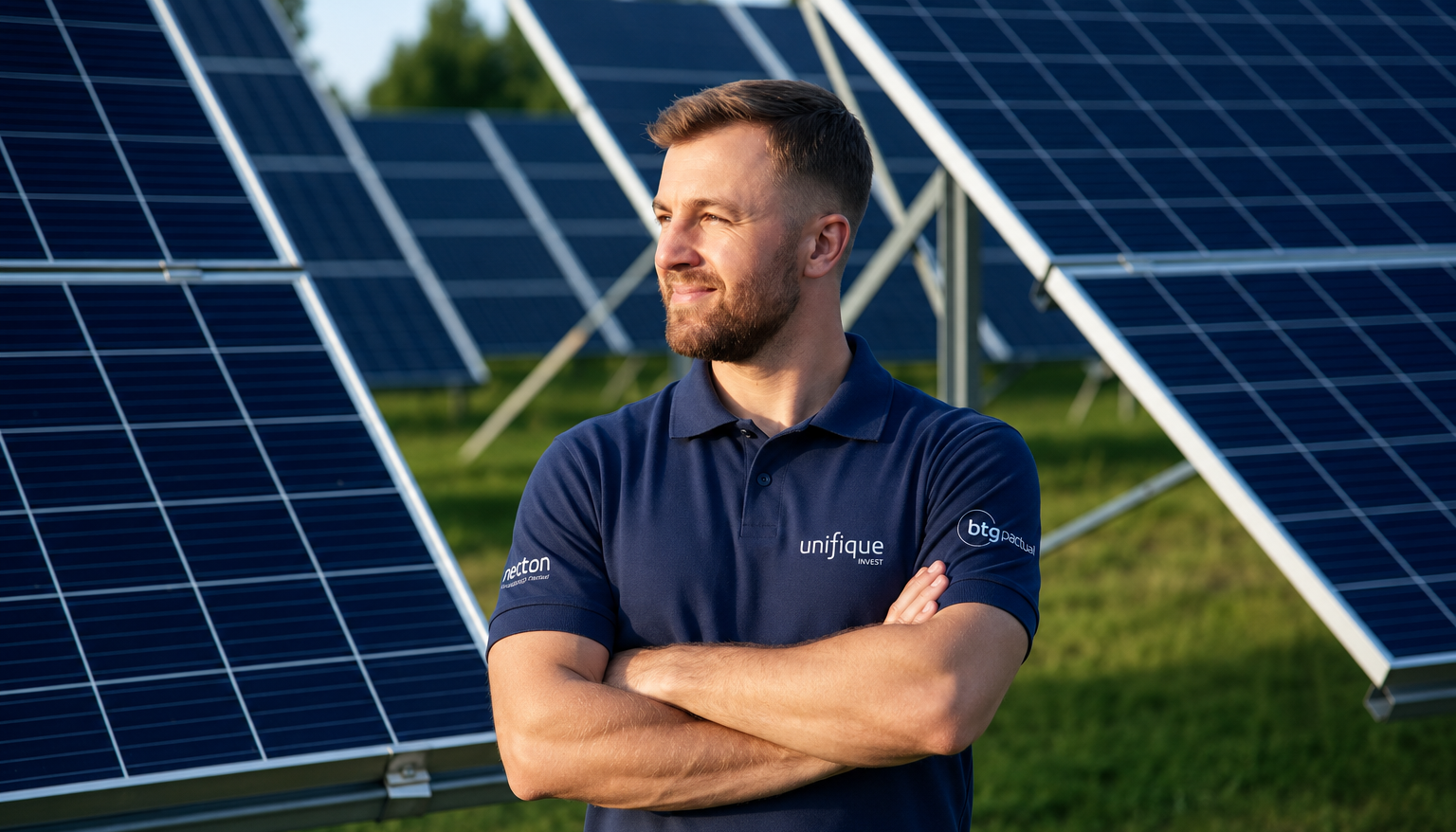 Homem com painéis solares e sol ao fundo representando economia na conta de luz com energia solar 